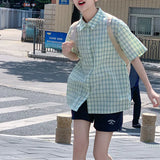 Fongt Loose Green Plaid Short-Sleeved Shirt Female Summer Design Sense Small Minority Lapel Shirt Thin Coat Tide-Outfit