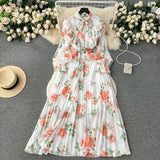Fongt Women's Autumn Dress 2025 New Heavy Industry Pressed Long Printed Chiffon Dress Sweet Holiday Dress