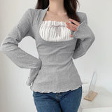 Patchwork Pleat Fungus He Long Sleeve Tee-Outfit