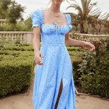 Fongt Women's New Floral Square Collar Sexy Slit Big Swing Autumn And Winter Dress