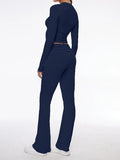 Long Sleeve Cropped Top Fold-over Flare Pants Set-Outfit