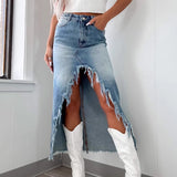 Fongt 2025 Women's New Denim Skirt High Waist Irregular Hair To Do Old Water Washing Skirt Dress