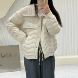 High-End White Duck Down Sweet Down Jacket Female Short Fashion Knitting Large Lapel Splicing Small Pressure Rubber Coat-Outfit