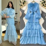 Fongt Dress Women 2025 New High-End Lace To Receive Waist Lantern Sleeves Side Long Dress Dress