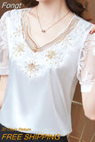 Neck Fashion Lace Satin Blouses Flower Embroidery Elegant 2023 Woman Summer Silk Short Sleeve Shirts Youth Top Blusas