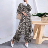 Leopard Printed Casual Loose Muslim Sets ZANZEA Women Full Sleeve Blouse Long Pants 2022 Party Suits Islamic
