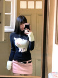 Winter Japanese Style Print Knitted Sweater + Pink Slim Mini Skirt Casual Kawaii 2 Piece Set Cute Fashion Clothing Woman-Outfit