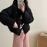 Sweet Wood Button Short Down Jacket Female 2024 Winter New Stand Collar Small Warm White Duck Down Bread Coat-Outfit