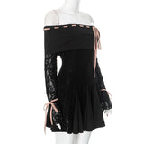 Black Off-Shoulder Lace Sleeve Mini Dress-Outfit