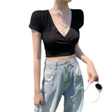 Fongt T-Shirt Female 2024 Summer New Deep V Collar Outside Wear Low Chest Korean Version Slim Crop Short Style Student Top