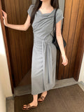 Fongt Xixi 2025 Spring New Korean Version High Waist Belt Design Sense Short-Sleeved Knitted Long Dress Women 88278