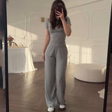 Fongt Summer New Women's Round Neck Solid Color Wide Leg Pants Temperament Commut Fashion Set