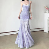 Fongt Chinese Chinese Light Green Shoulder Butterfly Print Fishtail Sling Skirt Sexy Hip Through Mesh Dress