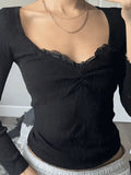 Lace Trim Black Long Sleeve Knit Top-Outfit