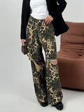 Fongt Wind Set Straight Trousers 2025 New Mid-Rise Wide Leg Hole Design Leopard-Print Jeans Women Autumn And Winter