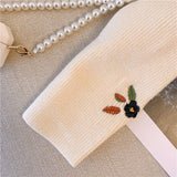 Spring Autumn White Sweet Pink Flower Embroidery Women Cute Knitted Cardigan V-neck Tops Chic Single-breasted