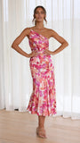 Fongt Summer New Stylish Temperament Diagonal Collar Sling Fishtail Print Dress 23074-Outfit
