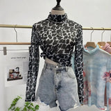 Autumn Single-Layer Mesh Base T Shirt Girls Printed Full Sleeve Turtleneck Tees Slim Women See Through Tshirts-Outfit