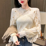 Crochet Lace Blouse Women Chic Ruffle Lace Stitching Shawl Ladies Stand Collar Tops 2023 Spring Long Sleeve Slim