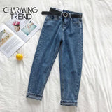 Jeans Pant Black Korean Crop Jeans Girls Students Vintage Solid Long Pants Fit Female High Waist Denim Pants