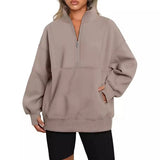 Fongt Women's Pocket Half-Zip Loose Leisure Splicing Collar Plus Velvet