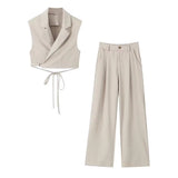 Fongt Temperament Casual Suit Vest Suit 2025 Summer Sleeveless Wrap Wearing Short-Carved Vest Folded Trousers Woman