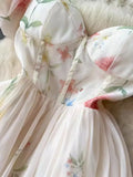 Fongt One-Word Shoulder-Sling Sling Dress Woman Gentle Wind Chopped Flower Bubble Sleeve Yarn Fairy Dress 1956