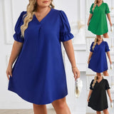 Independent Station Spring And Summer New V-Collar Short-Sleeved Solid Color Large-Size Dress-Outfit