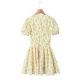 New Yellow Flower V-Neck Short-Sleeved Mini Dress-Outfit