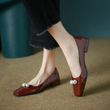Fongt Pearl Flats For Women's Spring / Summer 2023 Soft Leather Patchwork Color With Skirt Square Head Light Mouth Single Shoes Red Single Shoes-Outfit