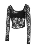 Women T-shirts Long Sleeve V-neck See-through Lace Tops Slim Mesh Sheer See Through Cropped Tees Summer Clubwear 2024-Outfit