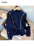 Blue Sweet Sweaters for Woemn Floral Fashion Long Sleeve Pull Femme 2023 Fall O-neck Long Sleeve Knitted Pullovers
