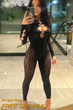 Slash Neck Cut Out Mesh Print Jumpsuit Women Long Sleeve Button See Through Pencil Pants One Piece Rompers 2023 Spring