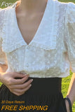 Summer Hollow Flower Lace Blouse Women Korean Chic Puff Short Sleeve Woman Shirt Peter Pan Collar Solid Loose Tops