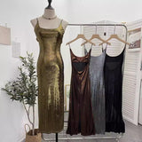 Real Shooting 鎏金带 Dress Bare Back Repair Behind The Opening Fork Long Bag Over The Knee Dress