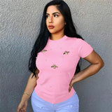 Women Yellow Short Sleeve Pearl Beading T-shirt Ladies Casual Tops Butterfly Solid Round Neck Summer Basic T Shirt-Outfit
