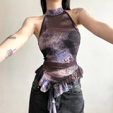 Fongt 2024 New Women's Half High Collar Flounce Sleeveless Print Mesh Slim Small Vest-Outfit