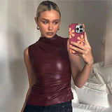 Fongt Women's 2024 Leather Collar Personality Waist Oblique Sleeveless Top Women's Vest-Outfit