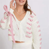 White Pink Ribbon Lace Up Sweater Cardigan-Outfit