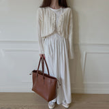 Fongt Chic Summer Simple Temperament Round Collar Fold Closed Waist Show Thin Short Sleeve Large Swing T-Shirt Dress Long Skirt-Outfit