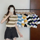 Fongt Classic Bump Striped Short-Sleeved Ice Silk Knitted Women's Summer T-Shirt Short Repair Small Shirt