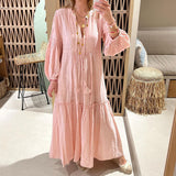 Fongt Spot 2024 Autumn New Women's Fashion V-Neck Bubble Sleeve Bohemian Cotton Linen Dress-Outfit