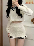 Fashion Y2k 2 Piece Set Woman Casual Knitting Sweater Tops + Slim Bodycon Mini Skirts Elegant Solid Suit Office Lady Chic-Outfit