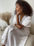 Print Dress 2024 New Women's Bubble Sleeve V Tie With Short Sleeve Print Dress-Outfit