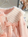 Large Collar Pink Bow Striped Knitted Sweatshirt-Outfit