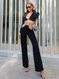 Women's Black Fashion Suit Women's Feeling Small Suit Short Top Chain Belt Casual Trousers Two-Piece