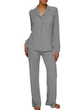 Long Sleeve Button Down Ribbed Knit Pajamas Set-Outfit