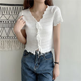 Fongt New Design Knitted Ear-Sensitive Niche T-Shirts Short-Sleeved Knitted Shirt Short-Sleeved Knitted
