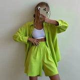 Fongt New Solid Color Single Breasted Long Sleeve Lapel Shirt Shorts Loose Fashion Casual Suit-Outfit