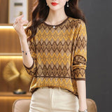 Fongt Early Autumn New Middle-Aged Mother Jacket Female Long Sleeve Loose Hollow Out Stripe Sweater Thin Bottom Sweater-Outfit